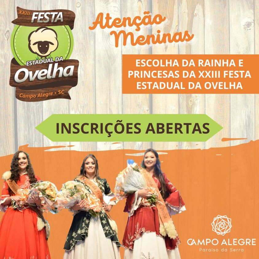 INSCRIÇÕES PARA A ESCOLHA DA RAINHA E PRINCESAS DA FESTA ESTADUAL DA OVELHA ESTÃO ABERTAS