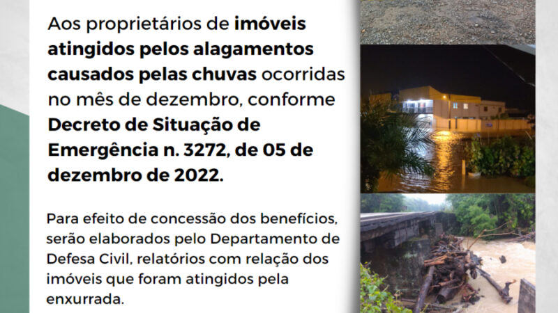 Aprovada LEI Nº 2356/2022 que CONCEDE ISENÇÃO DO IPTU SOBRE IMÓVEIS ATINGIDOS PELOS ALAGAMENTOS OCORRIDOS NO MÊS DE DEZEMBRO DE 2022.