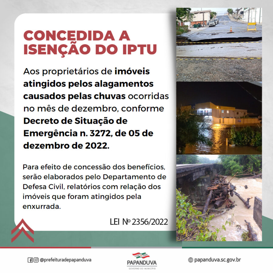 Aprovada LEI Nº 2356/2022 que CONCEDE ISENÇÃO DO IPTU SOBRE IMÓVEIS ATINGIDOS PELOS ALAGAMENTOS OCORRIDOS NO MÊS DE DEZEMBRO DE 2022.