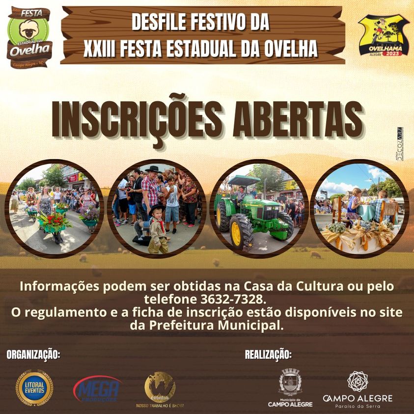 INSCRIÇÕES PARA O DESFILE FESTIVO DA XXIII FESTA ESTADUAL DA OVELHA