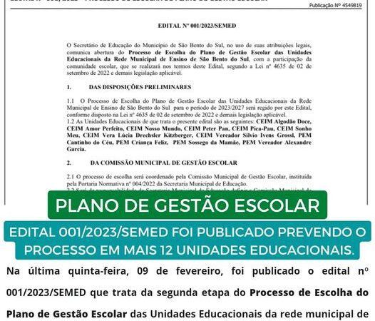 Edital nº 001/2023 da segunda etapa do Plano de Gestão Escolar foi publicado