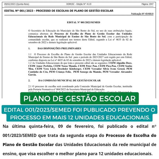 Edital nº 001/2023 da segunda etapa do Plano de Gestão Escolar foi publicado