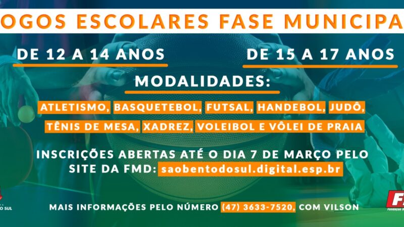 Inscrições para Jogos Escolares Fase Municipal 