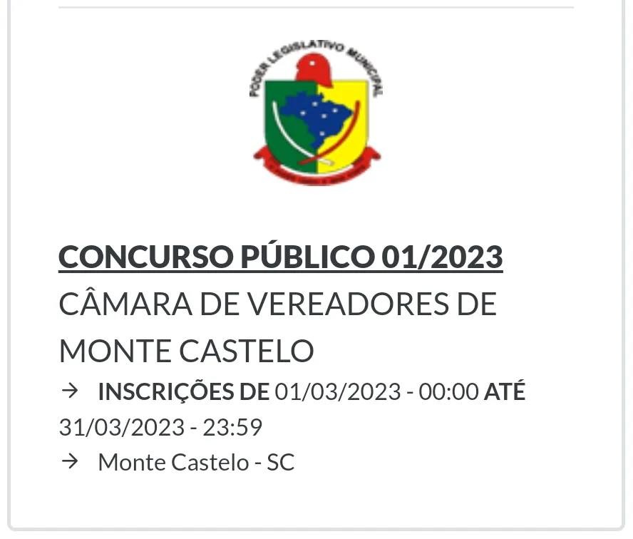 CÂMARA DE VEREADORES DE MONTE CASTELO ABRE INSCRIÇÕES PARA CONCURSO PÚBLICO