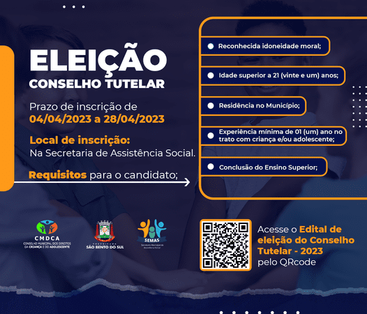 Está aberta a inscrição gratuita para escolha dos membros do Conselho Tutelar de São Bento do Sul. São cinco vagas disponíveis.