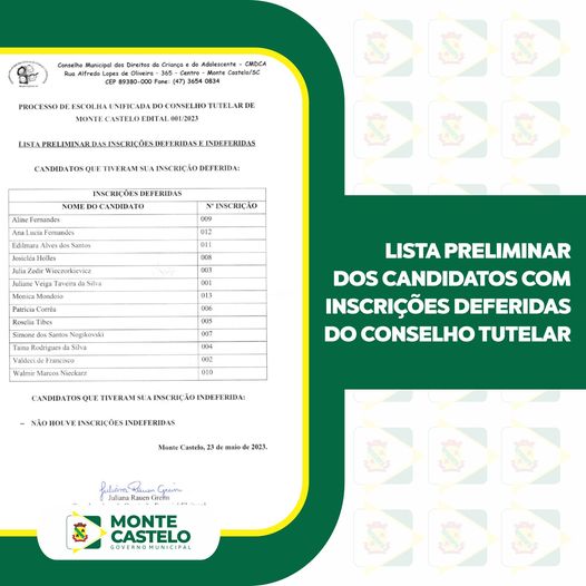 Processo de escolha unificada do Conselho Tutelar de Monte Castelo -SC – Edital 001/2023.