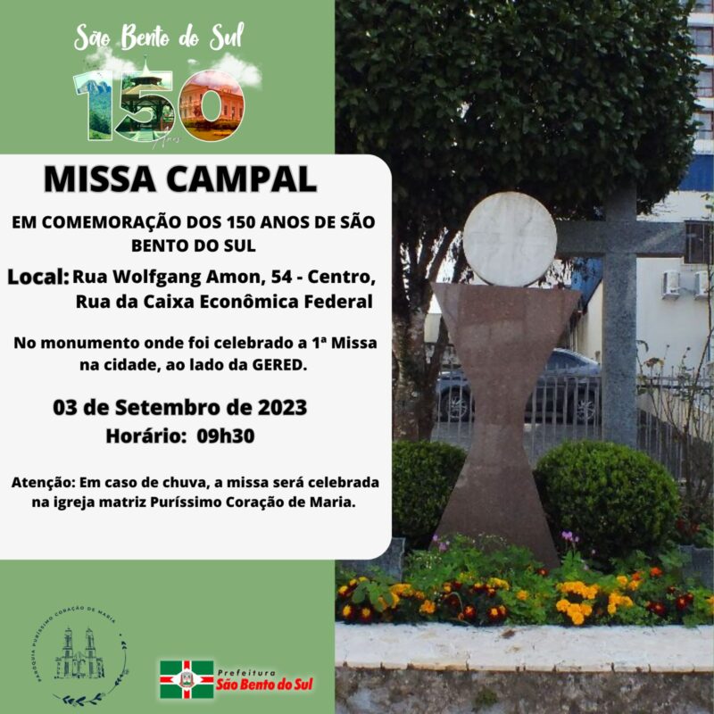 Missa Campal em Ação de Graças Marcará a Celebração dos 150 Anos de São Bento do Sul