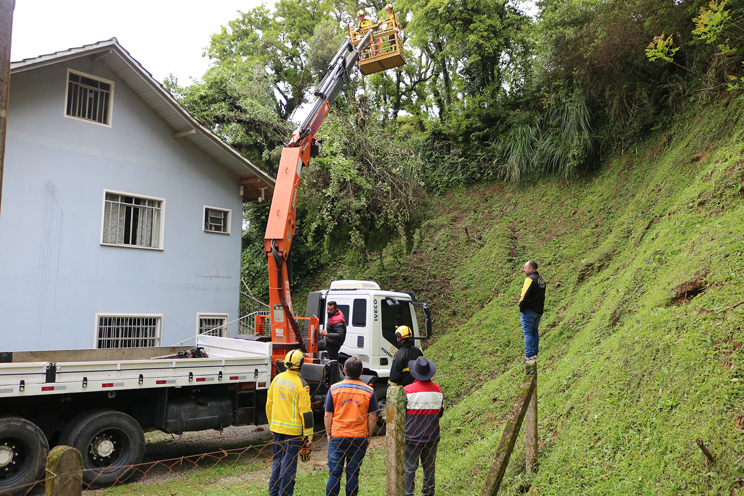 Equipes atuam na retirada de árvore que caiu sobre residência no bairro Oxford