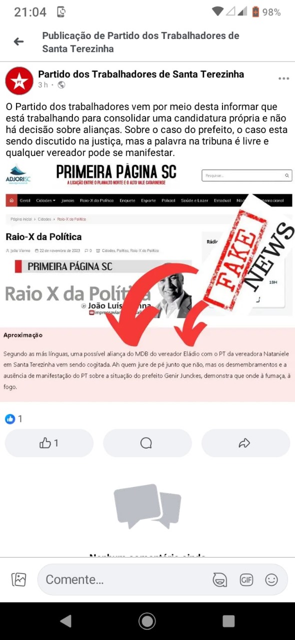 Fake News não mas PT de Santa Terezinha em cima do muro sim