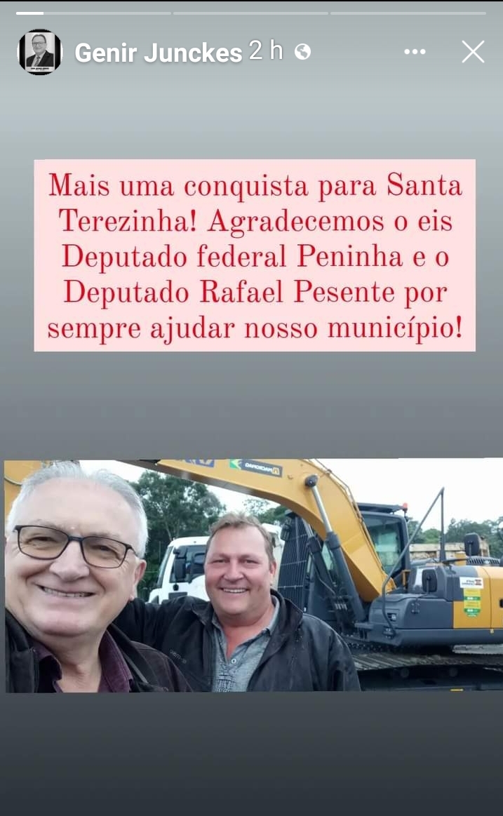 Um Peso Duas Medidas: Prefeito de Santa Terezinha Enfrenta Controvérsias no recebimento de Máquinas para o Município