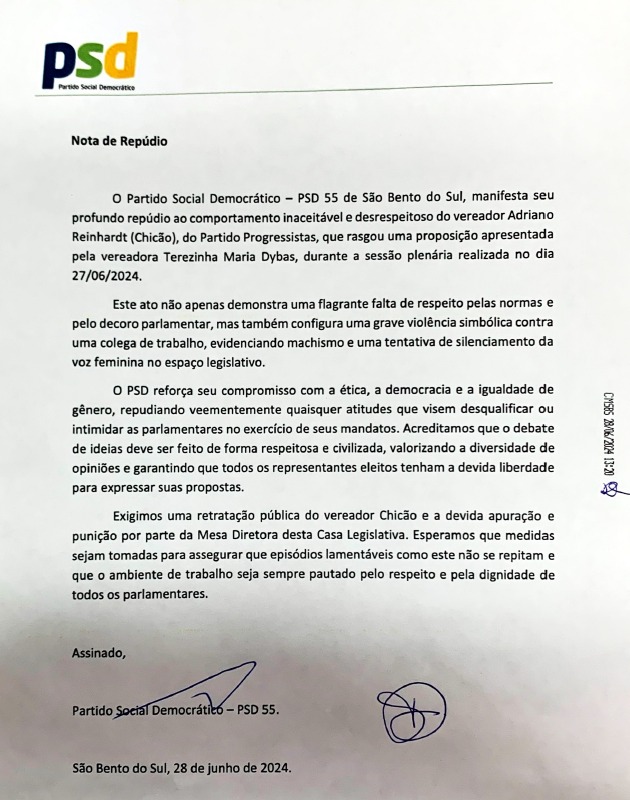 PSD de São Bento do Sul Protocola Nota de Repúdio Contra Vereador Chicão do PP