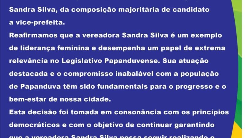 PSD de Papanduva emite nota oficial sobre situação da vereadora Sandra Silva