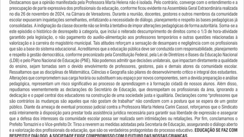 NOTA DE APOIO À PROFESSORA MARTA HELENA CARINI CASSOL