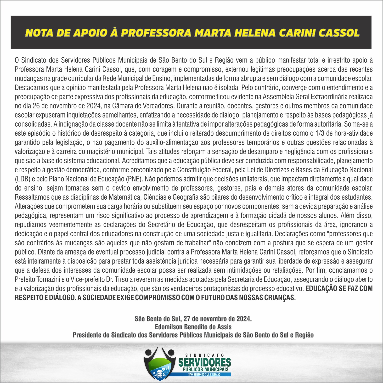 NOTA DE APOIO À PROFESSORA MARTA HELENA CARINI CASSOL